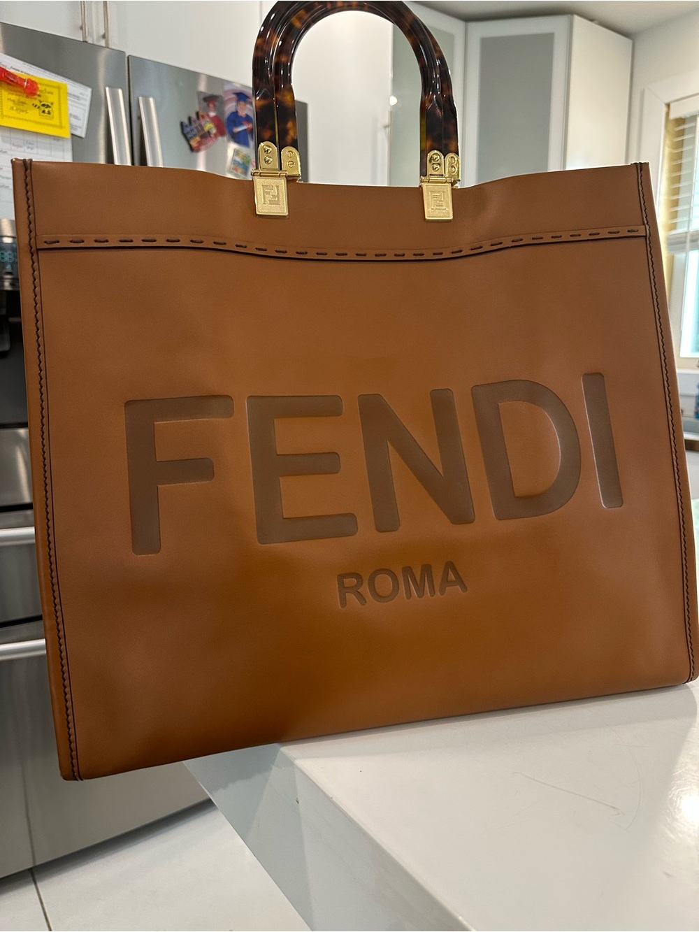 Large Fendi Brown Leather Roma Tote with Tortoiseshell Handles